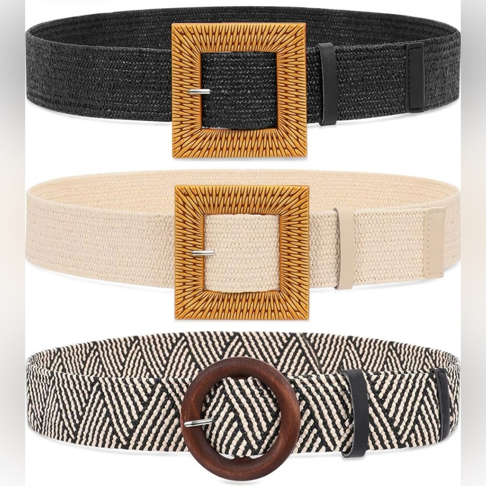 WHIPPY 3 Pack Straw Woven Elastic Stretch Waist Belt Fashion Boho Dress Braide